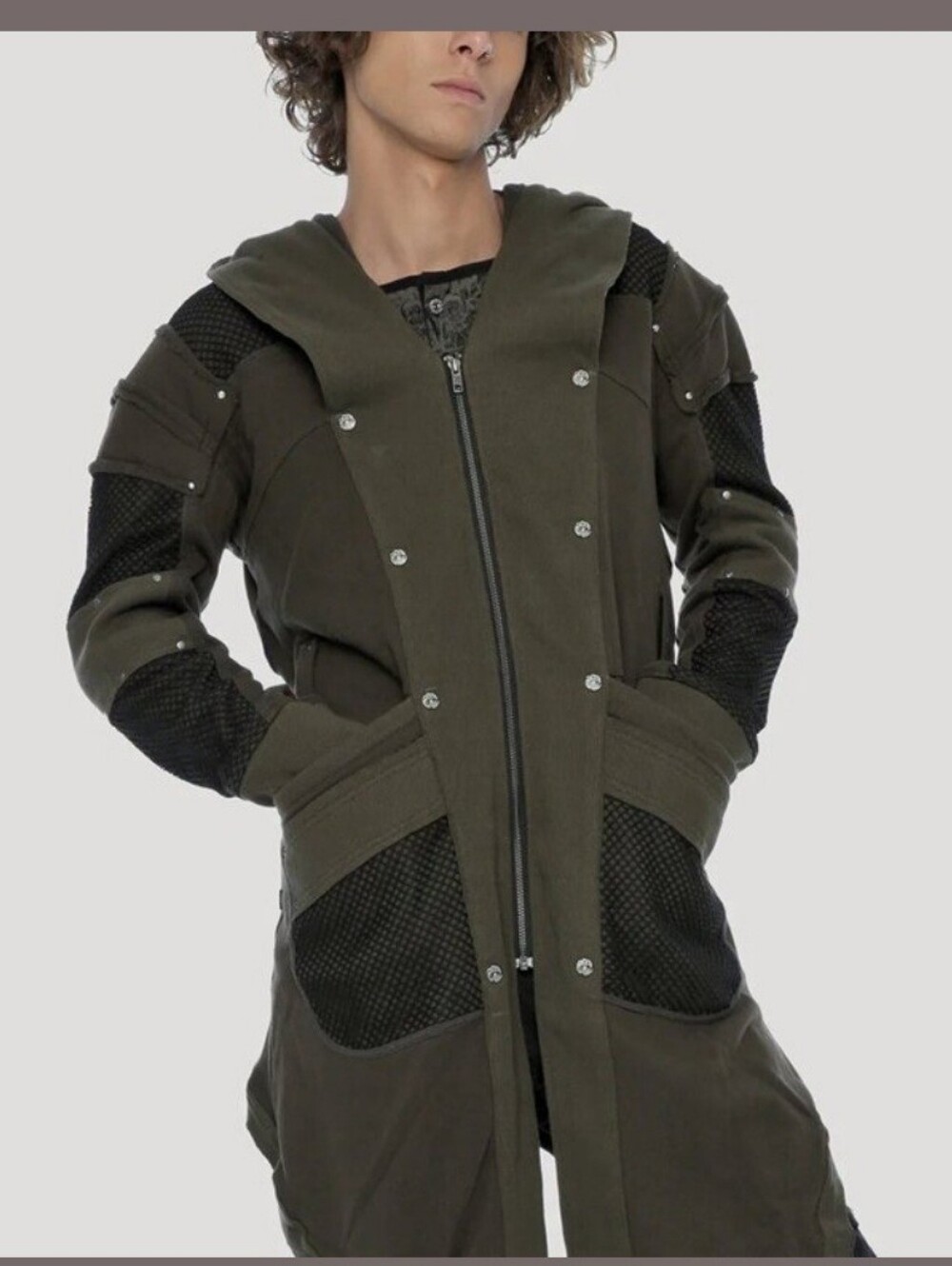 PSYLO Men's Neo Steamed Olive Green Hooded Long Jacket - Fashion Coat $459 Sz M